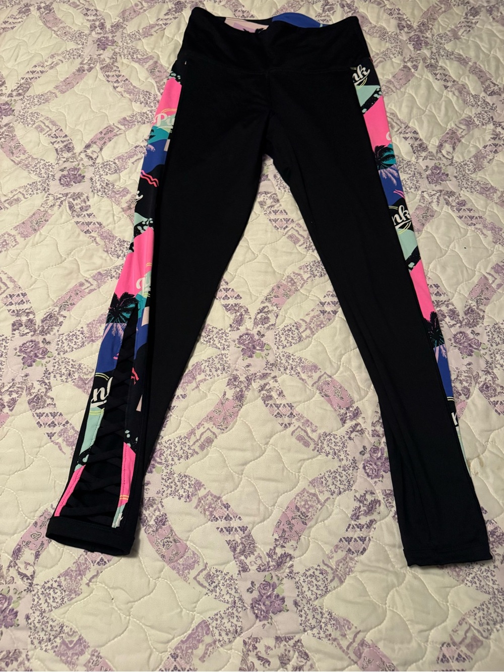 PINK Victoria's Secret Black Leggings with Pink and Blue Side Panels